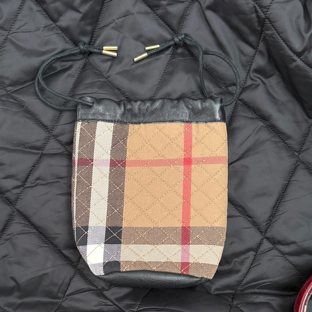 Burberry Tan black red Plaid Drawstring Wrislet Pouch